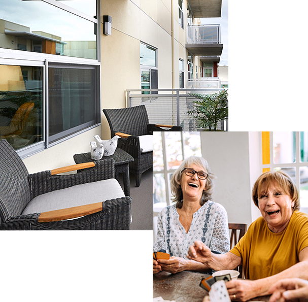 collage of women laughing and an outdoor patio