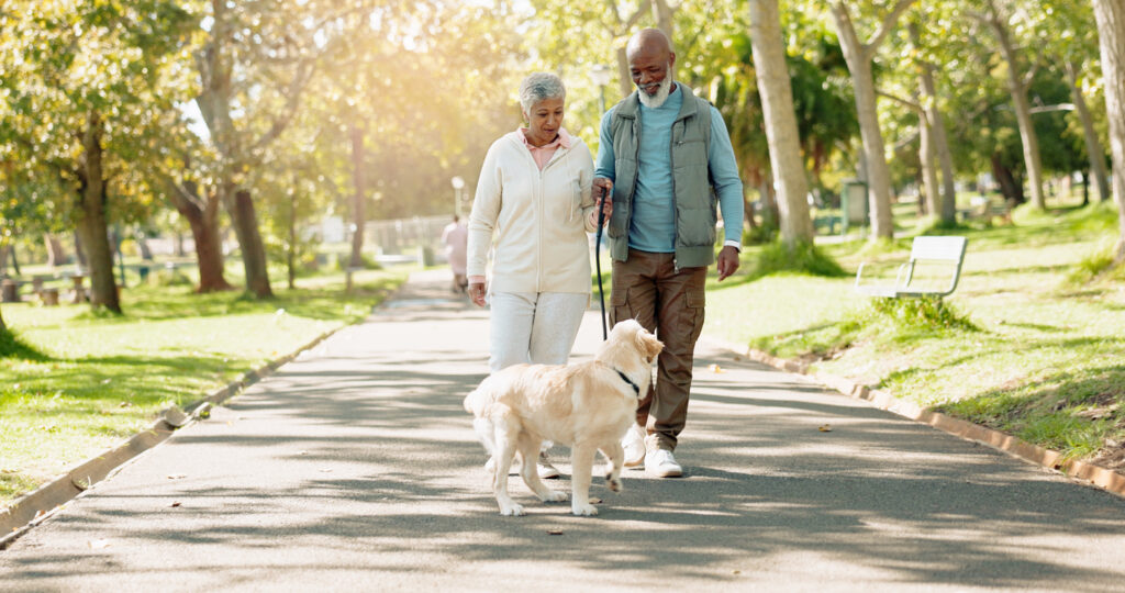 senior couple walking their dog outside on a paved trail